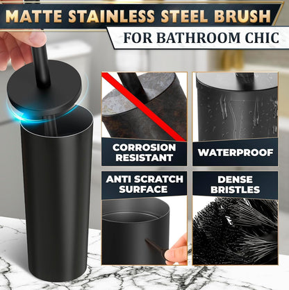 Stylish Stainless Steel Toilet Brush and Holder Set - Silver Toilet Bowl Brush and Holder with Splash Cover, Sturdy Bristles, Corrosion & Scratch Resistant - Elegant Design, Effective Deep Cleaning
