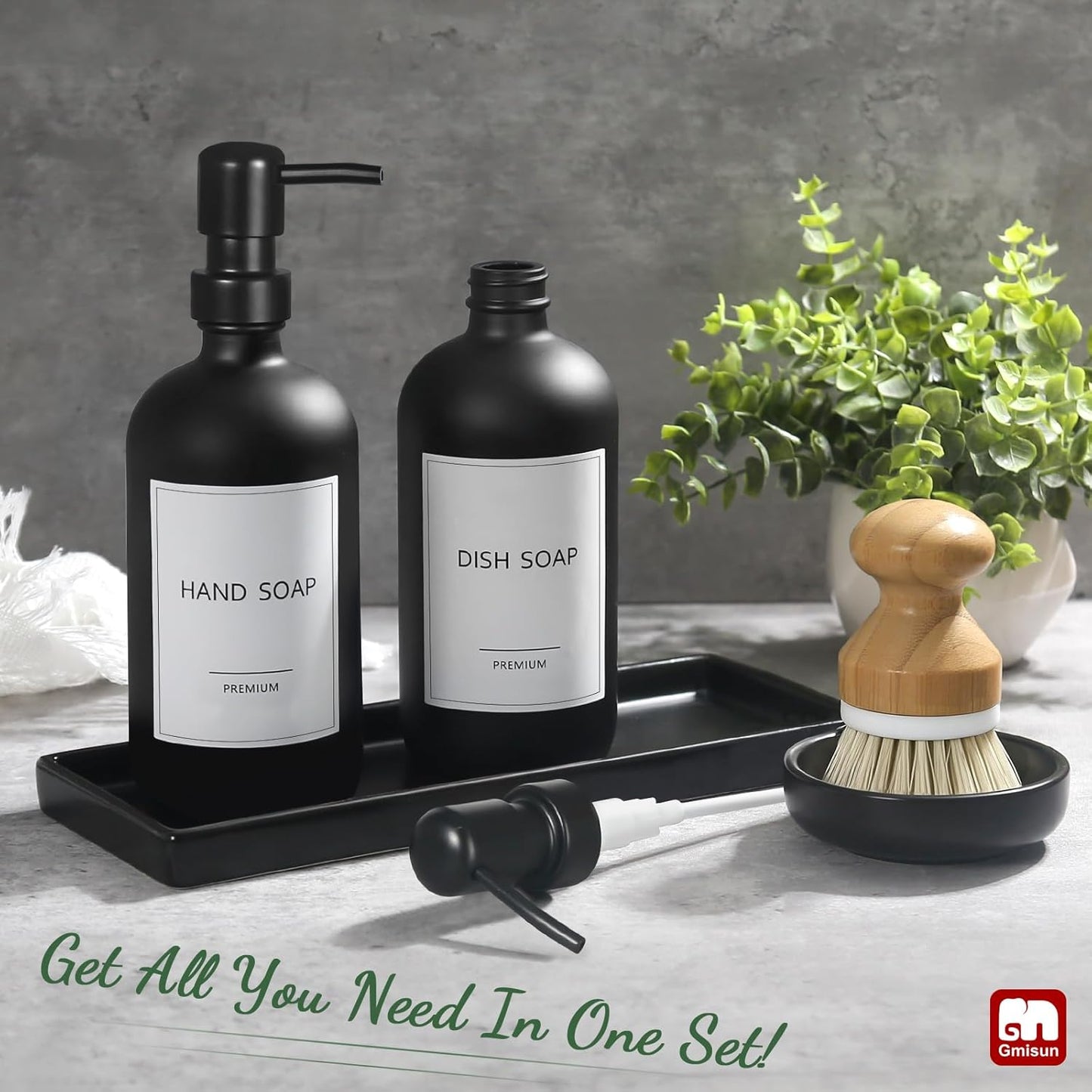 GMISUN Kitchen Soap Dispenser Set, 16 Oz Hand and Dish Soap Dispenser with Ceramic Tray & Bamboo Dish Brush, 2 Pack White Glass Liquid Pump Bottle, Modern Farmhouse Refillable Dish Soap Bottle