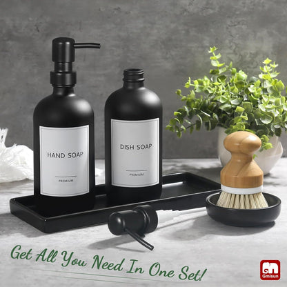 GMISUN Kitchen Soap Dispenser Set, 16 Oz Hand and Dish Soap Dispenser with Ceramic Tray & Bamboo Dish Brush, 2 Pack White Glass Liquid Pump Bottle, Modern Farmhouse Refillable Dish Soap Bottle