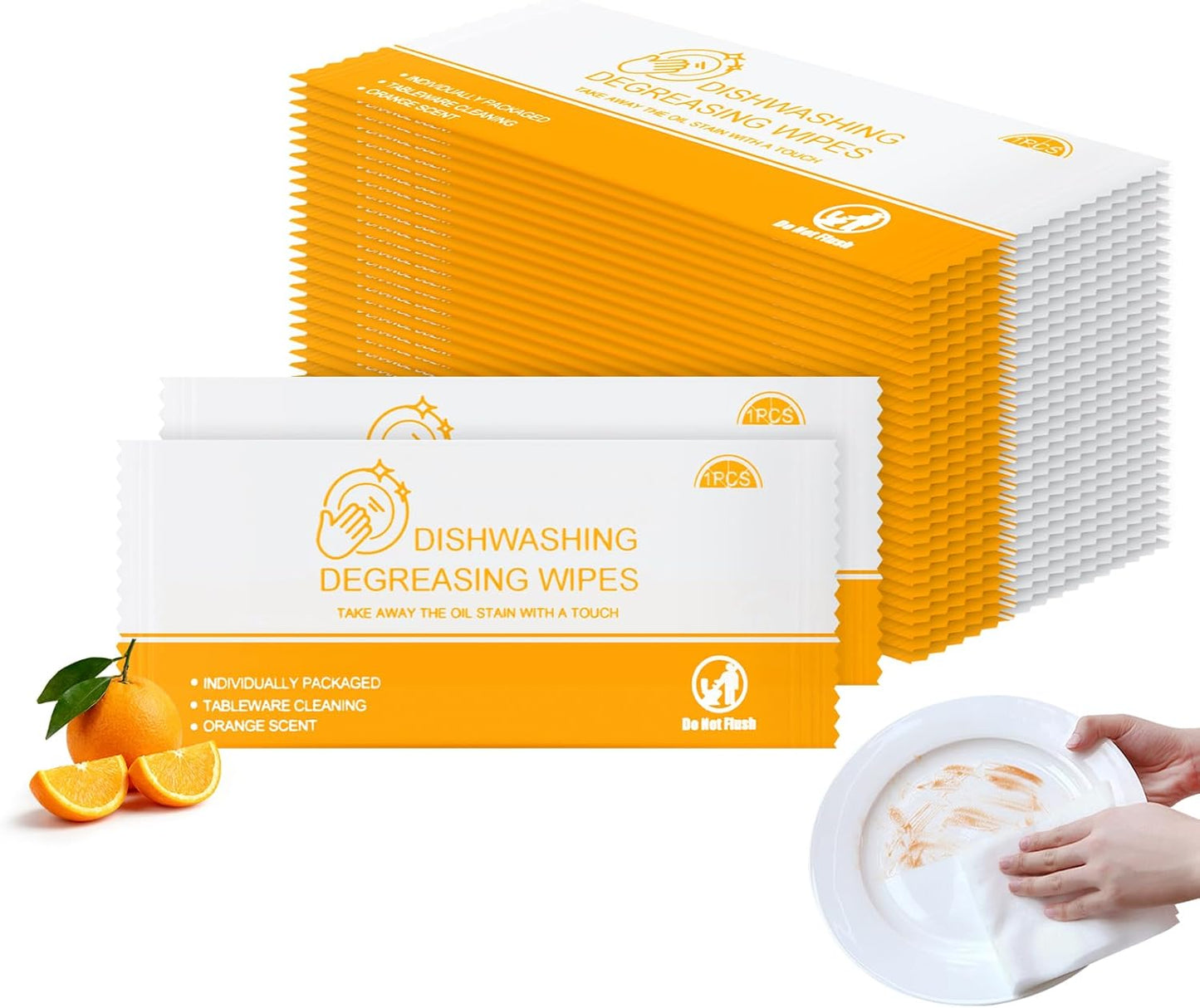 Dish Cleaning Wipes Individually Wrapped Travel Dish Soap Wipes Orange Scent 7.7”x 7.3“ Disposable Wipes Portable for Kitchen Outdoor Traveling Camping RV Quick Clean (50)
