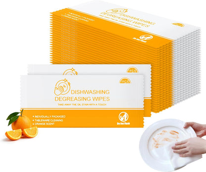 Dish Cleaning Wipes Individually Wrapped Travel Dish Soap Wipes Orange Scent 7.7”x 7.3“ Disposable Wipes Portable for Kitchen Outdoor Traveling Camping RV Quick Clean (50)