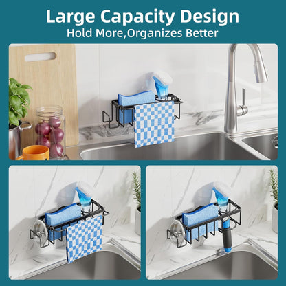 TAILI 4-in-1 Sink Caddy with Strong Suction Cup, Sponge Holder for Kitchen Sink Organizer, Removable, Rustproof, Stainless Steel Holder for Sponge, Brush, Scrubber, Scraper - Silver
