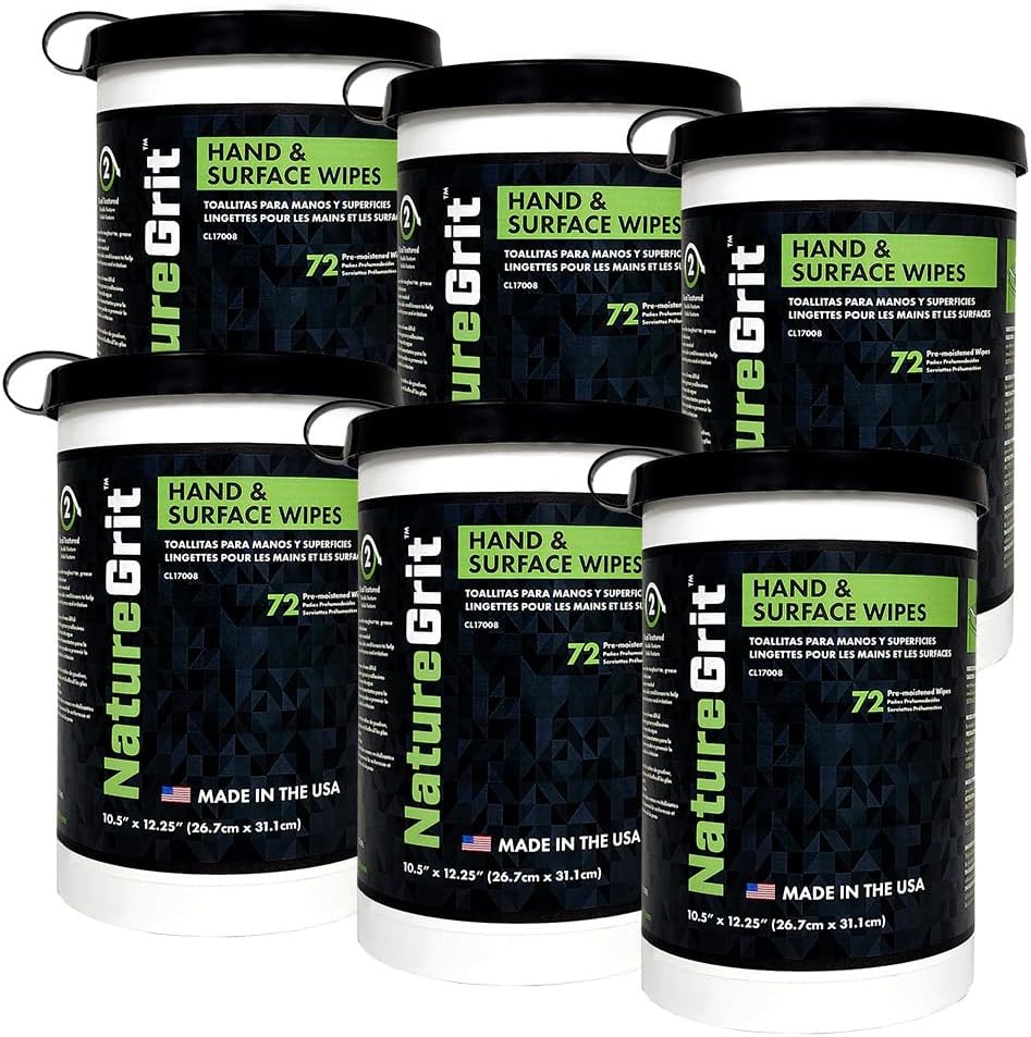 NatureGrit Hand & Surface Wipes: Mechanic Cleaning & Degreaser Sheets, Grime Removal, Hand Cleaner Towels for Mechanics, Workshop Use (Box of 6 canisters, 72ct/canister)