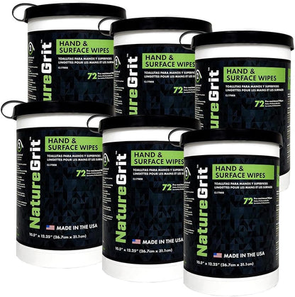 NatureGrit Hand & Surface Wipes: Mechanic Cleaning & Degreaser Sheets, Grime Removal, Hand Cleaner Towels for Mechanics, Workshop Use (Box of 6 canisters, 72ct/canister)