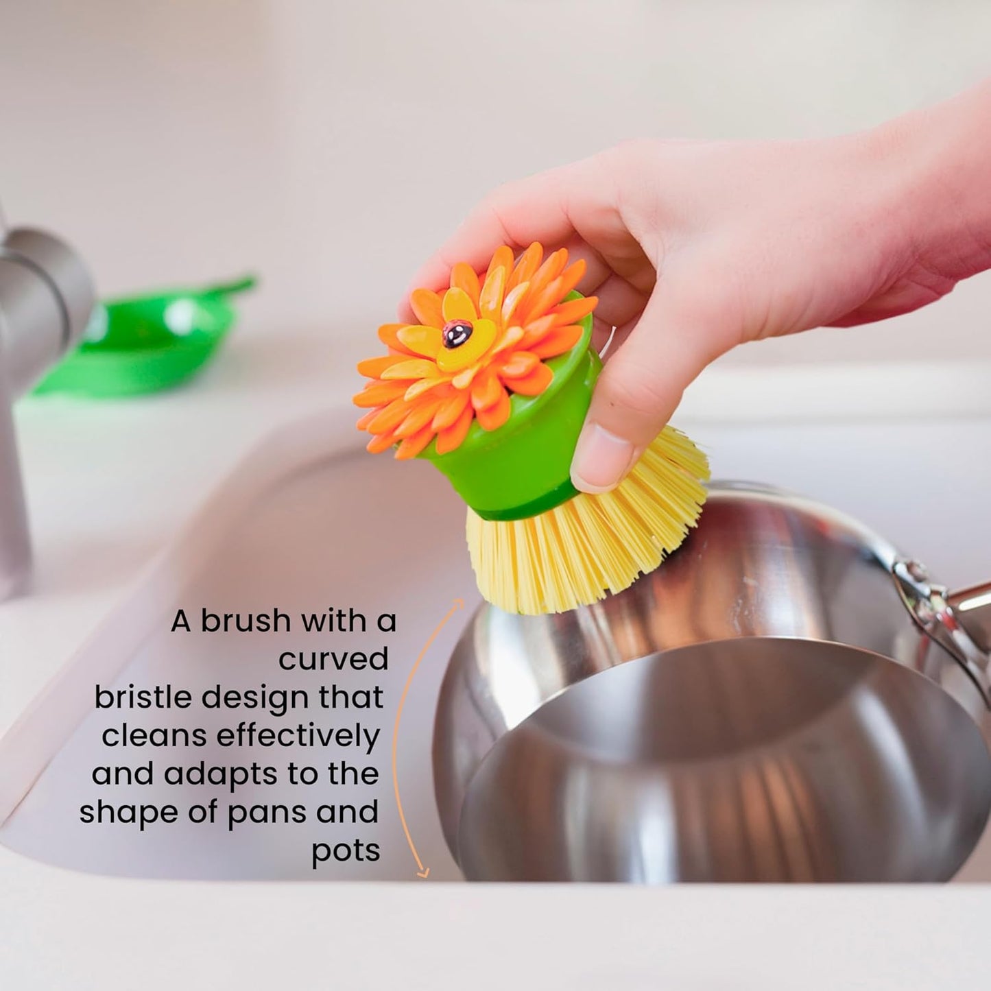 Vigar Flower Palm Dish Scrub Brush with Holder, Perfect Kitchen Brushes for Dishes, Sink Brush and Cleaning Brushes for Household Use, Pink, Green