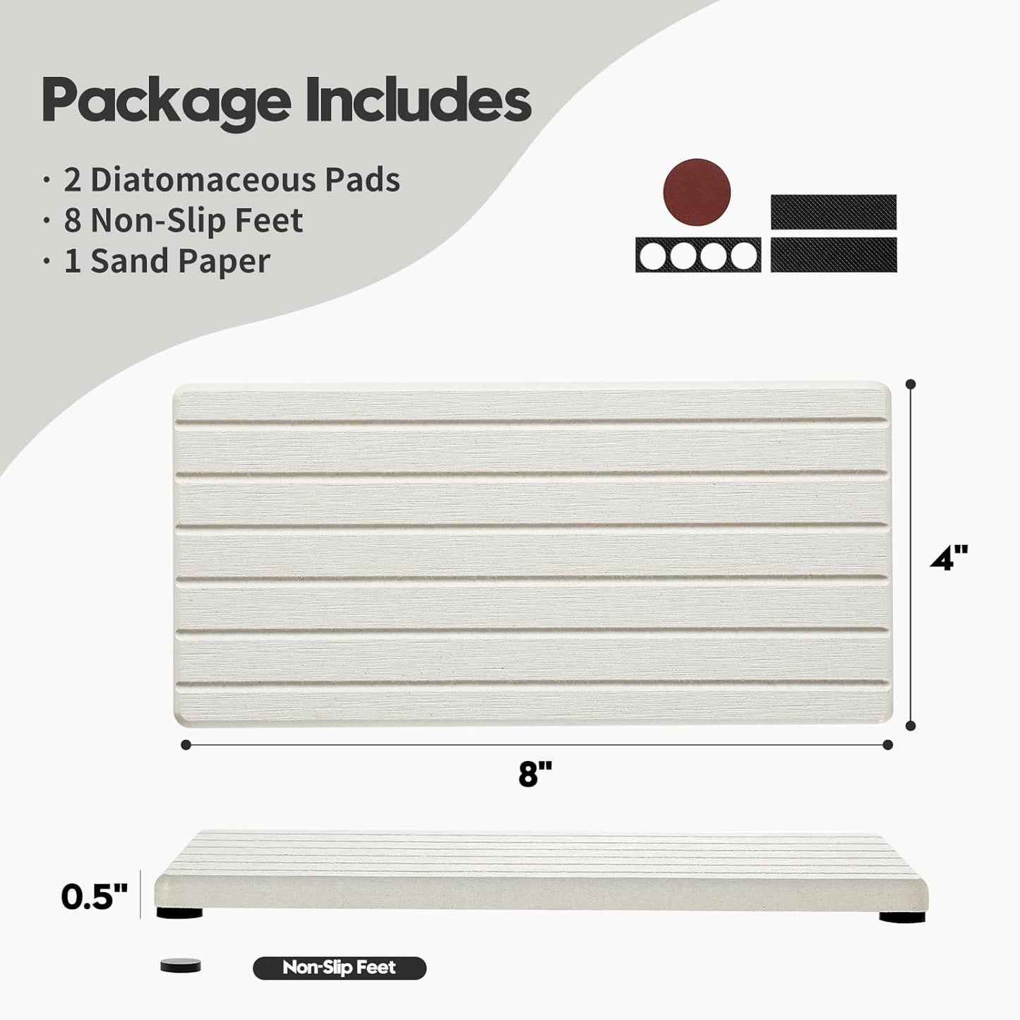 2PCS Water Absorbing Stone Drying Tray Mat for Bathroom Sink & Kitchen Counter Faucet Organizer, Quick Dry Dish Rack Soap Dispenser Sponge Holder, Vanity Sink Caddy Bar Coaster, Ivory White 8“x 4”