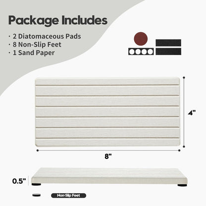 2PCS Water Absorbing Stone Drying Tray Mat for Bathroom Sink & Kitchen Counter Faucet Organizer, Quick Dry Dish Rack Soap Dispenser Sponge Holder, Vanity Sink Caddy Bar Coaster, Ivory White 8“x 4”