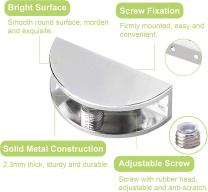 8Pcs Adjustable Half Round Glass Shelf Brackets 201 Stainless Steel Glass Clamp Clips Wall Mounted Brushed Shelf Holder Supports Mounting Brace for 3-8mm Thick Glasses
