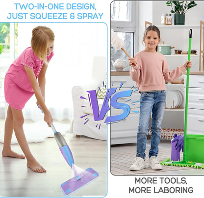 Kids Spray Mop, Real Working Toddler Cleaning Set with Water Sprayer & 2 Washable Mop Pads & Scraper, Pretend Play Montessori Housekeeping Toys Gifts for Toddlers Kids Girls Boys (Blue&Purple)