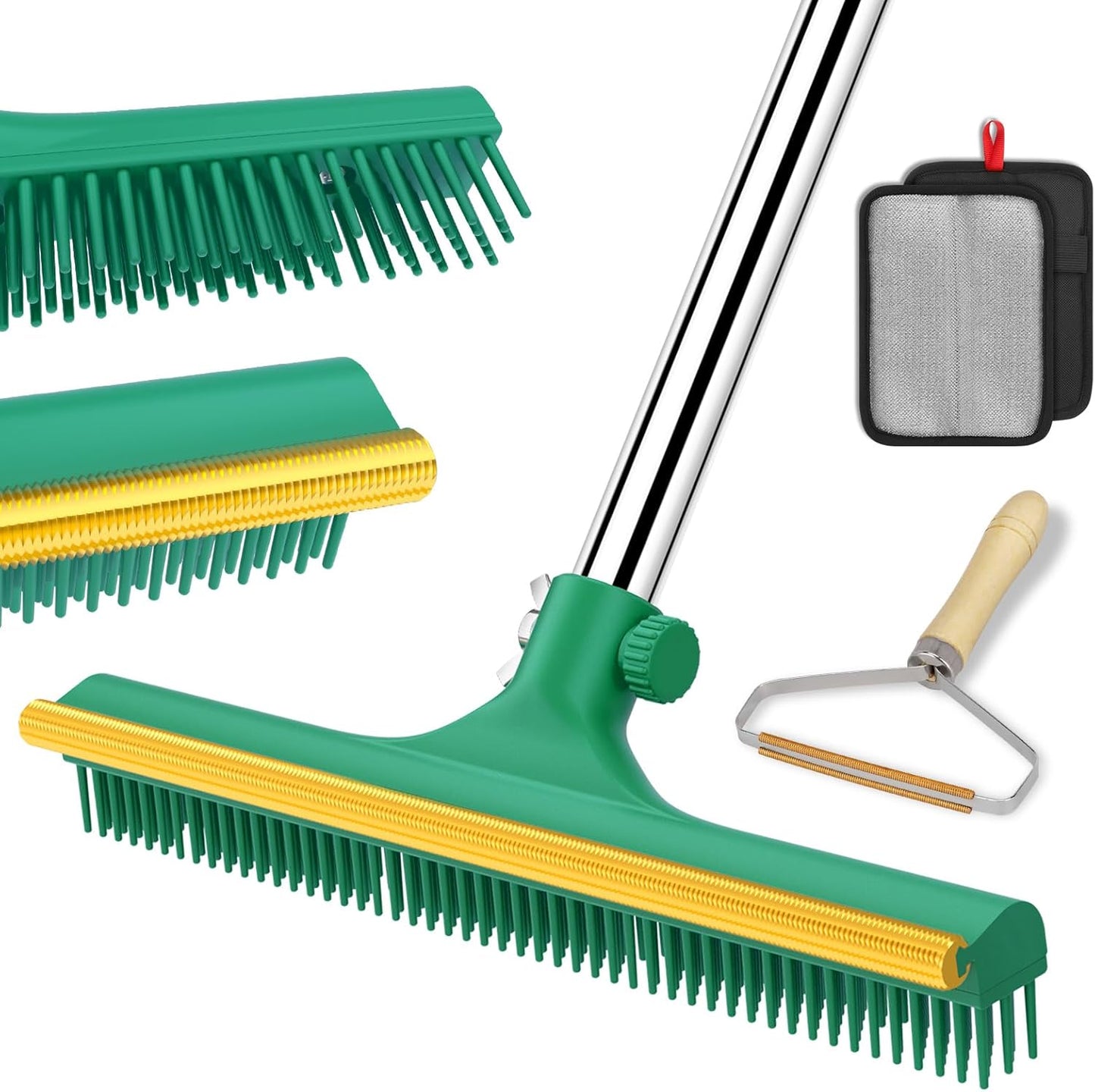 3 in 1 Carpet Rake for Pet Hair Removal, Reusable Pet Hair Remover Broom, 60'' Adjustable Long Handle Dog and Cat Hair Remover Tool Set of 3, Lint Remover Scraper for Carpets, Rugs, Mats, Couch, Car