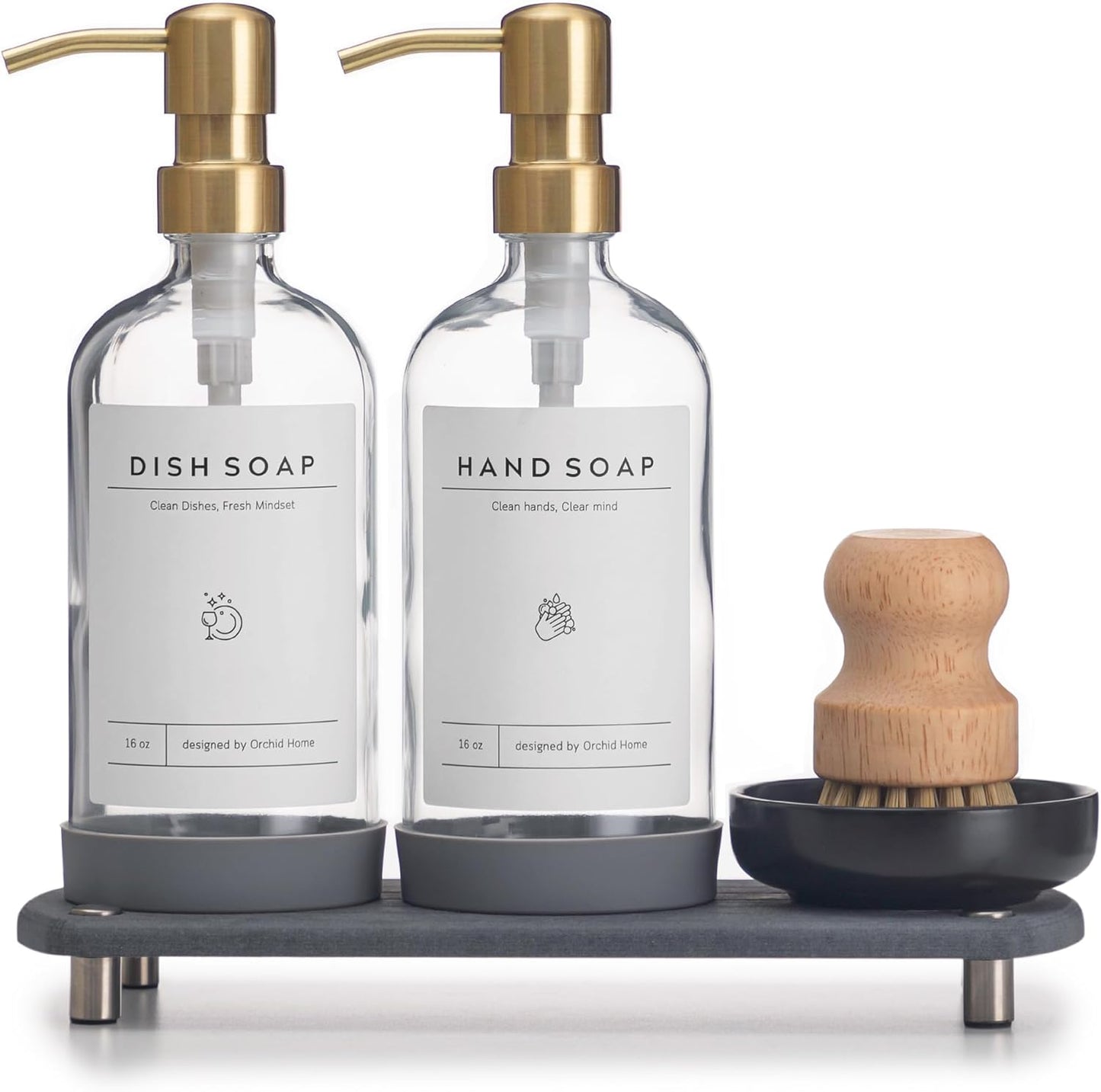 [Luxury] Kitchen Soap Dispenser Set - 16OZ Amber Glass Bottle, Stainless Steel Pump, Instant Dry Tray, Waterproof Labels, Non-Slip Silicone Pad, and Dish Brush | Upgrade for Your Kitchen and Bathroom