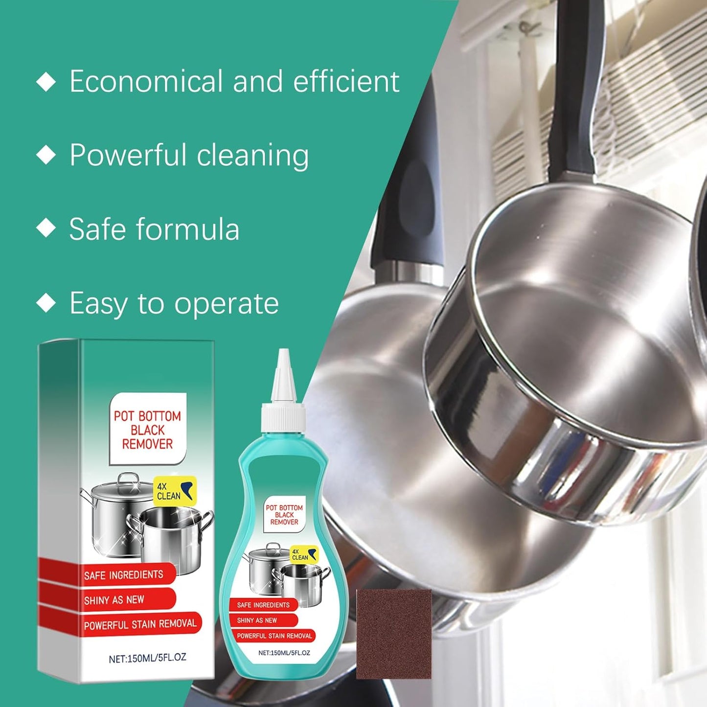 Liquid Pot and Pan Cleaner for Burnt On Food & Grease, Tough Stove Top and Cookware Cleaner, Removes Stubborn Stains on Stainless Steel, Cast Iron, Copper Pots - 5 fl oz