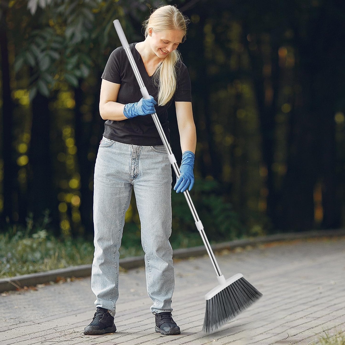 Broom, Outdoor Brooms for Sweeping Indoor, Adjustable 55" Pet Hair Removal Heavy Duty Broom for Floors Home Kitchen Garage Commercial Patio Industrial Snow (Pack of 1)