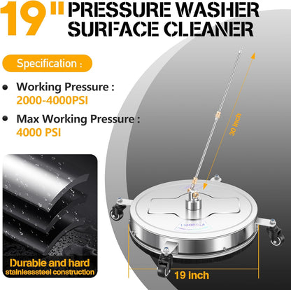 14" Pressure Washer Surface Cleaner with 4 Wheels - Stainless Steel Surface Cleaner for Pressure Washer Attachment for Concrete, Patio, Sidewalk, Deck and Driveways - PWS14