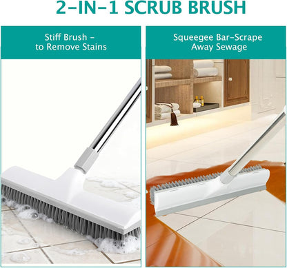 Floor Scrub Brush and V-Shape Grout Brush with Long Handle 3 in 1 Replaceable Head Scrape Brush Stiff Bristle with Swivel Head for Cleaning Tiles Hardwood Floors Patios Blue