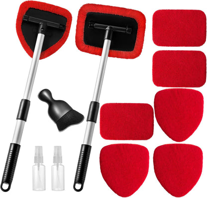 Qydipclin 11pcs Windshield Cleaner Tool, Car Window Cleaning Wash Kit with 6 Reusable Microfiber Pads 2 Spray Bottles and Extendable Handles Auto Glass Wiper Kit, Blue