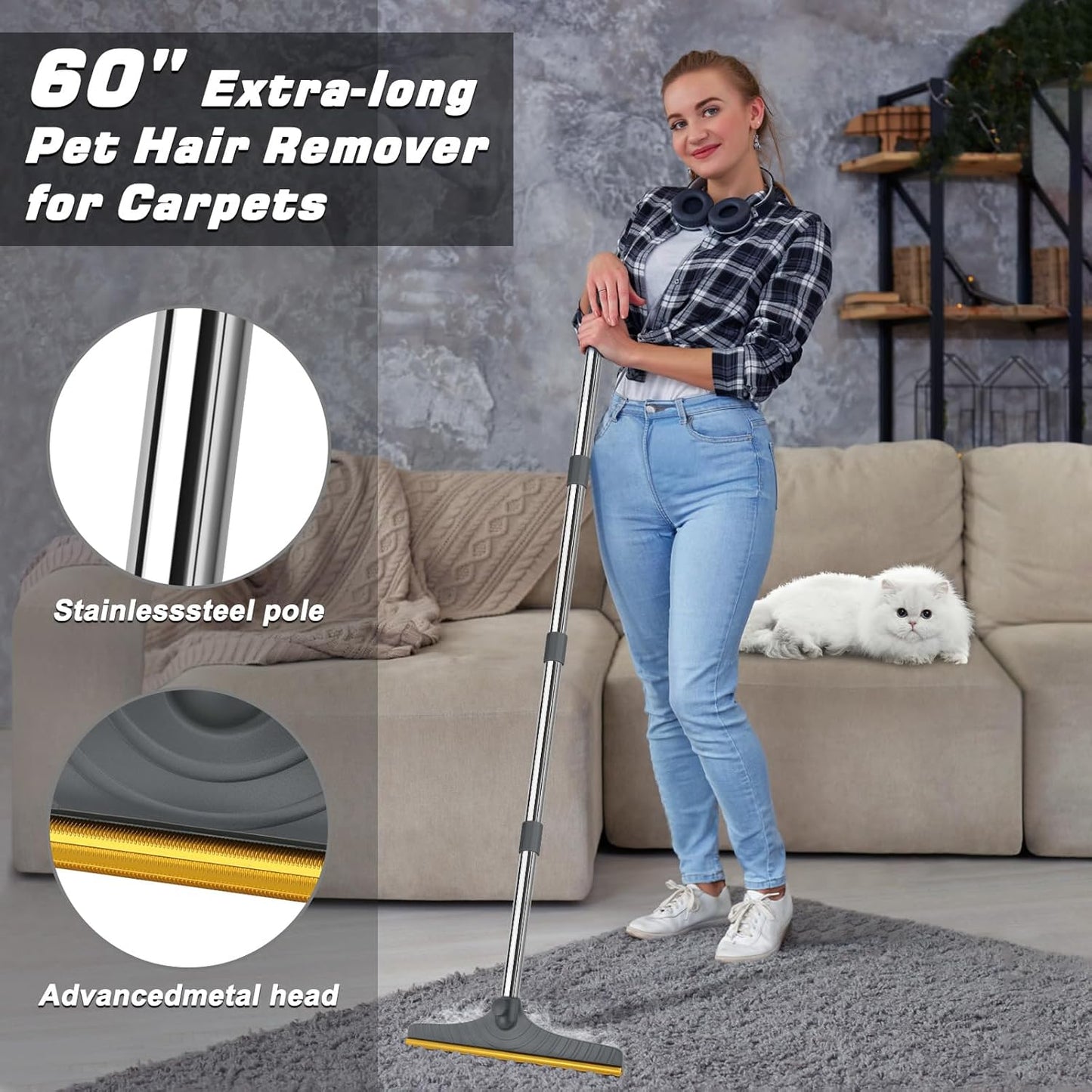 B-Land Carpet Rake for Pet Hair Removal, Reusable Pet Hair Remover with 60” Adjustable Long Handle, Carpet Scraper Dog Cat Hair Remover Tool for Rugs, Mats