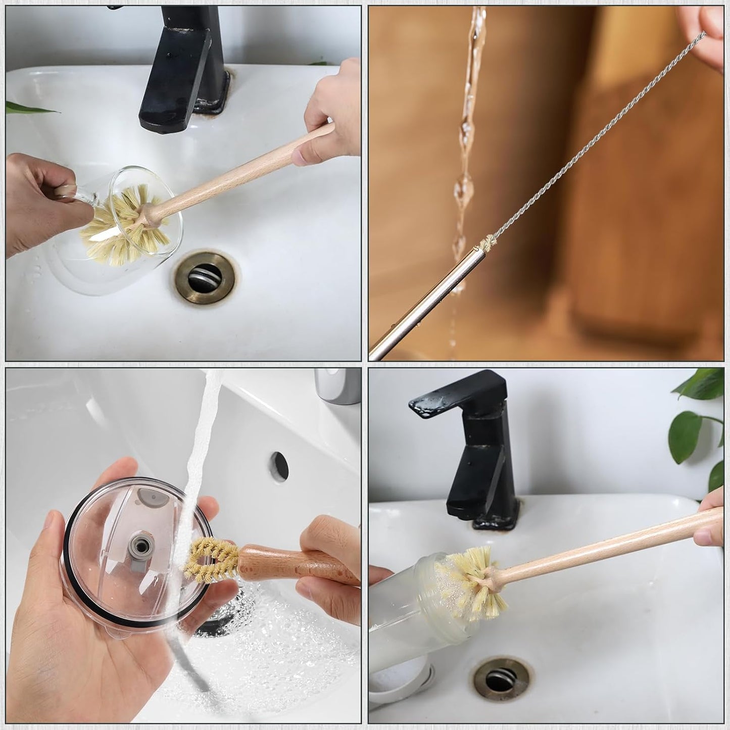 DEBETOOL Natural Bottle Brush Set 3-in-1-13.7 Inch Long Handle Wooden Bottle Brush for Cleaning, Water Bottle Cleaner Brush for Cups & Wide Mouth Jars