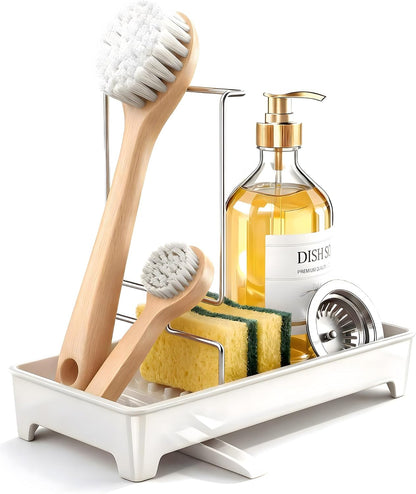 Minimalist Sink Caddy, Rustproof Sponge Holder for Kitchen Sink with 304 Stainless-Steel Brush Holder, Countertop Rack Organizer with Raised Ridges & Silicone Drain Tube (Mint Green, Large)