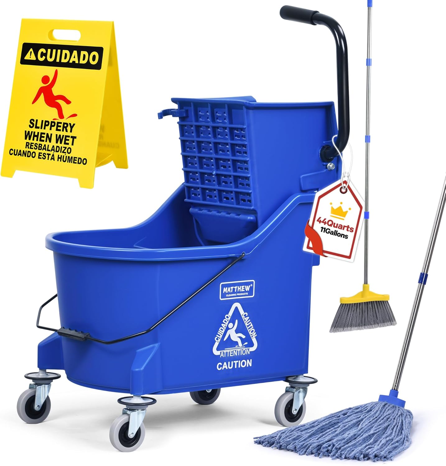 Matthew Cleaning 34 Quart Commercial Mop Bucket INCL.Wet String Mop with Side Press Wringer On Wheels,Heavy Duty Tandem Portable Floor Cleaning Wavebrake,Ideal for Household,Industrial,Restaurant