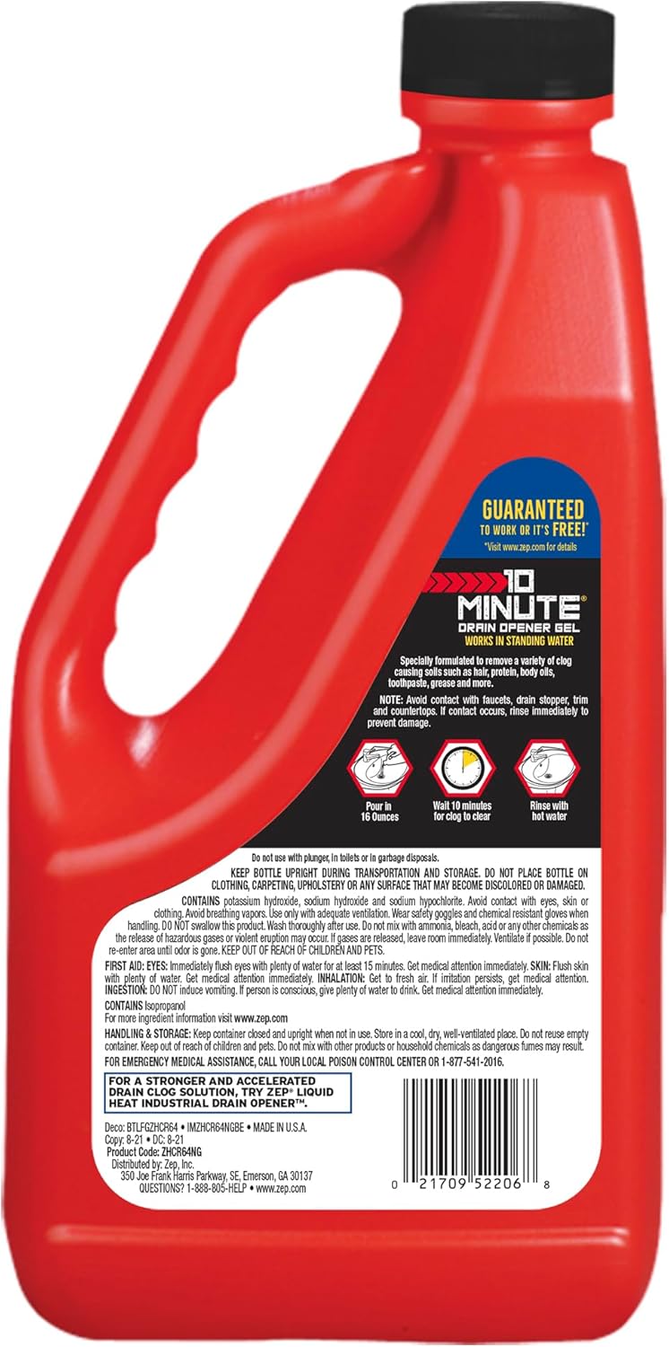 Zep 10 Minute Drain Opener Gel 64 Ounce - ZHCR64NG - Commercial Strength, Fast Acting and Safe for All Pipes