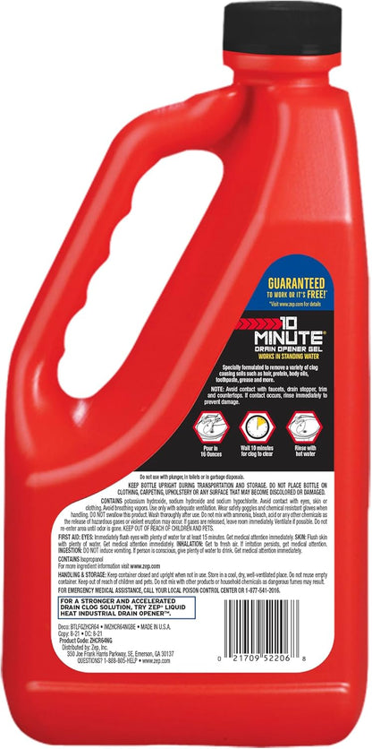 Zep 10 Minute Drain Opener Gel 64 Ounce - ZHCR64NG - Commercial Strength, Fast Acting and Safe for All Pipes