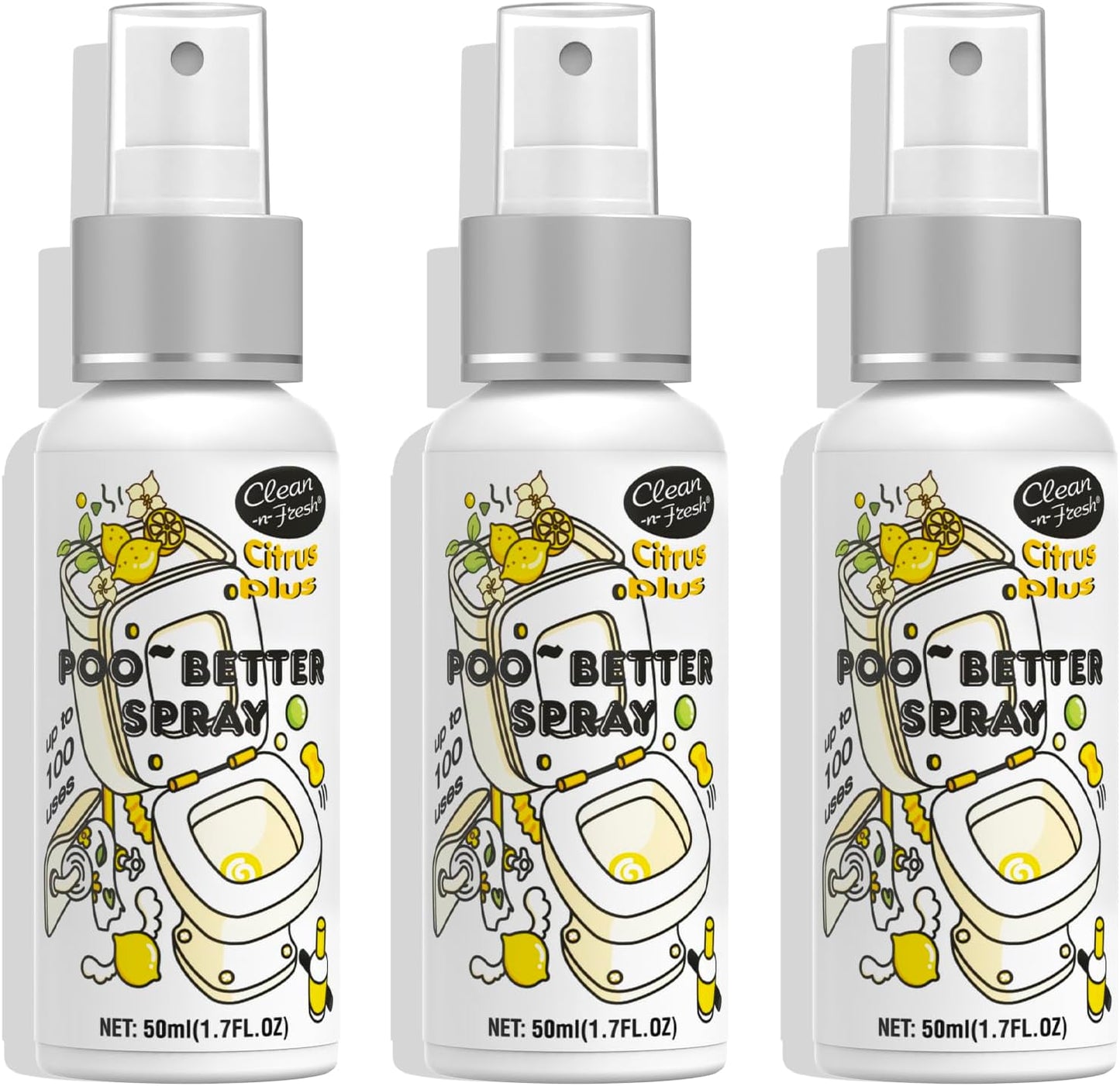 Clean-n-Fresh Toilet Spray, Variety Pack of 3 - Citrus/Lavender/Hibiscus, Bathroom & Toilet Odor Elimination, Travel Size 1.7 Fl Oz Each, Total 5.1 Fl Oz
