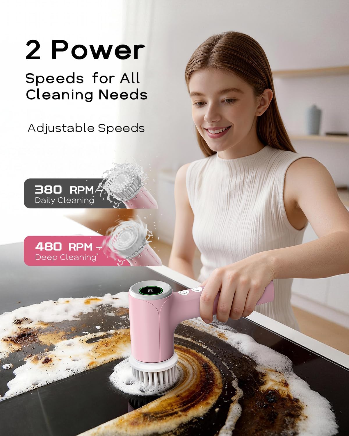 PUFTEM Upgraded Electric Spin Scrubber, Powerful Cordless Shower Scrubber with 4500mAh Large Battery & Speed Display, 6 Replaceable Brush Heads, Cleaning Brush for Bathroom Tile Tub Floor (White)