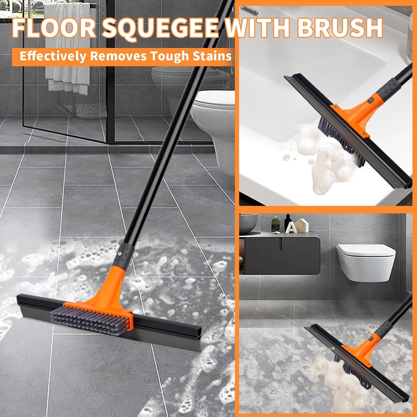 Floor Squeegee for Concrete Floor,Heavy Duty Shower Garage Floor Squeegee Broom with Scrubber Brush and 62" Long Handle for Bathroom Tile,Garage, Deck,Pool,Outdoor Floors,16 Inch,Orange