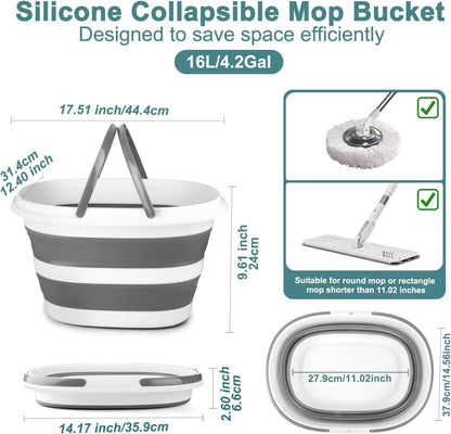 Collapsible Mop Bucket with Handle for Cleaning, 16L(4.2 Gallon) Silicone Square Mopping Bucket for Windows Cleaning or Car Washing, Cleaning Supplies Organizer Plastic Bucket for Storage