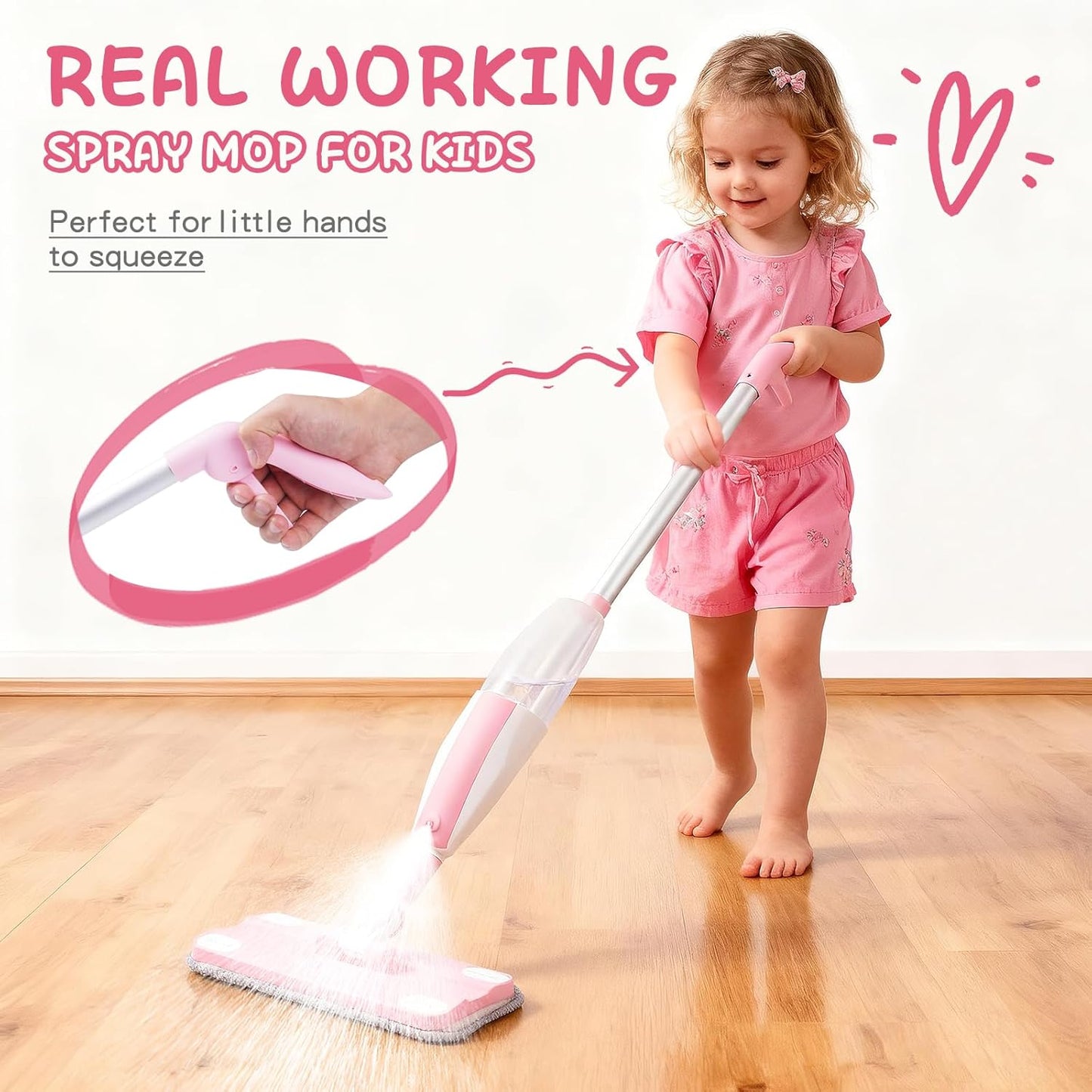 Hilsoeet Kids Spray Mop Pink, Real Working Water-Spraying Toy, Montessori Mini Mop with 2 Microfiber Washable Pads, Toddler Cleaning Set for Floor, Christmas Birthday Gifts for Age 3 4 5 6 7 8