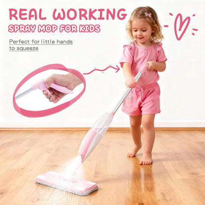 Hilsoeet Kids Spray Mop Pink, Real Working Water-Spraying Toy, Montessori Mini Mop with 2 Microfiber Washable Pads, Toddler Cleaning Set for Floor, Christmas Birthday Gifts for Age 3 4 5 6 7 8