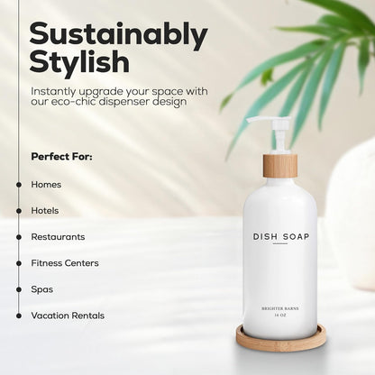 Clear Glass Dish Soap Dispenser by Brighter Barns - Kitchen Sink Set With Bamboo Tray - Modern Decor and Accessories, Minimalist Neutral Home (Clear)