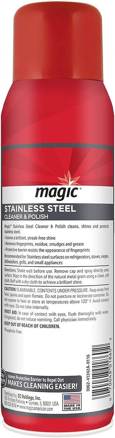 Magic Stainless Steel Cleaner Aerosol - 17 Ounce - Removes Fingerprints Residue Water Marks and Grease From Appliances - Refrigerator Dishwasher Oven Grill etc