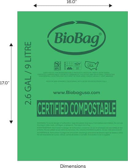 3 Gallon Compostable Food Scrap Bags by BioBag, 100 Count, BPI Certified, Meets ASTM D6400 Standards, Made in USA, Kitchen Trash Bin Liners