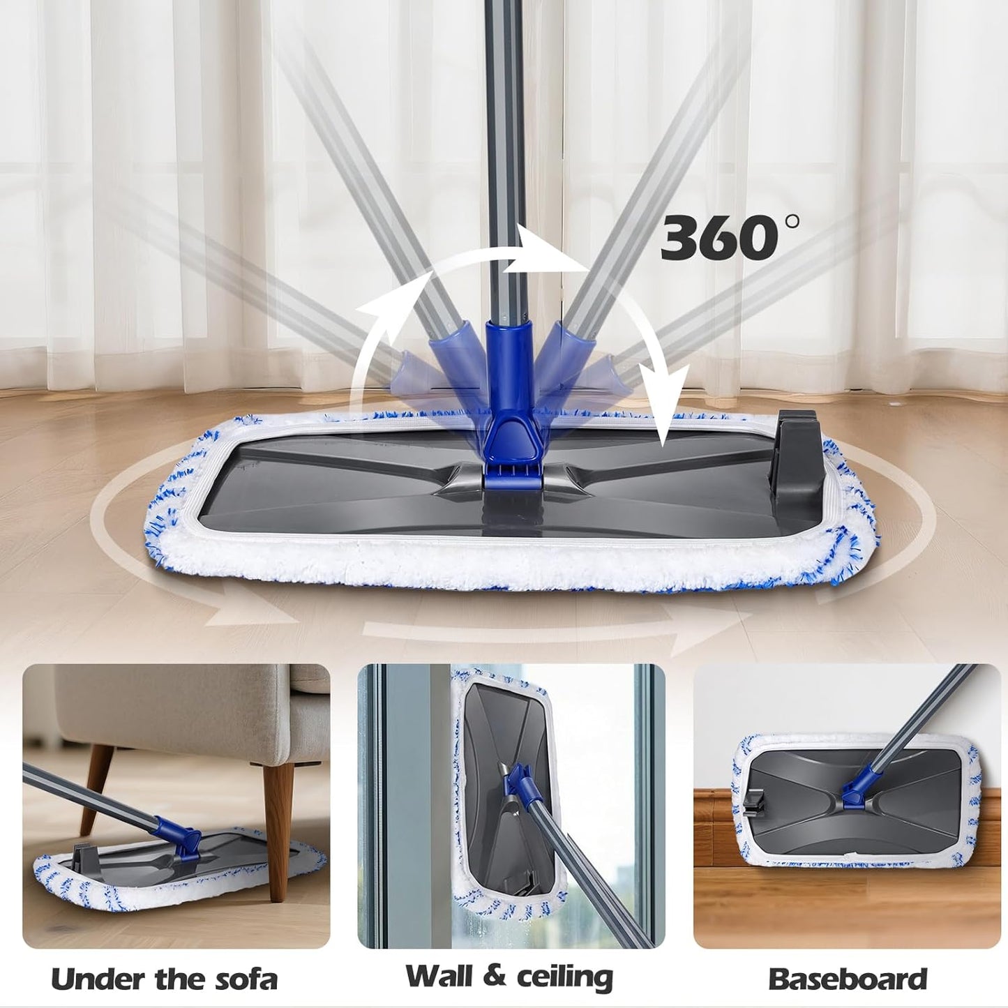 MASTERTOP Microfibre Flat Mop, Extended Wet Dry Large Floor Mop with 5 Reusable Pads & Telescopic Handle, Dust Mops for Laminate Wooden Hard Floor Vinyl Tile Floors Cleaning - Send 1 Cleaning Scraper