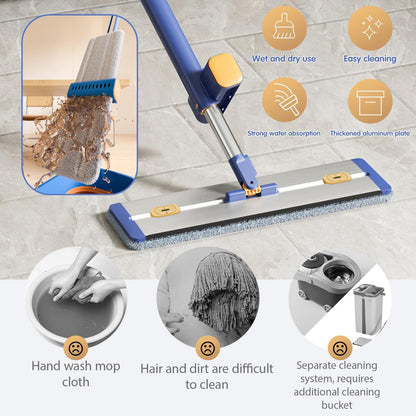 Self Wringing Microfiber Flat Mop and Bucket System with 16.5" Large Head and 55" Long Handle for Floor Wall Cleaning, 5 Microfiber Pads and Foldable Bucket, Wet and Dry