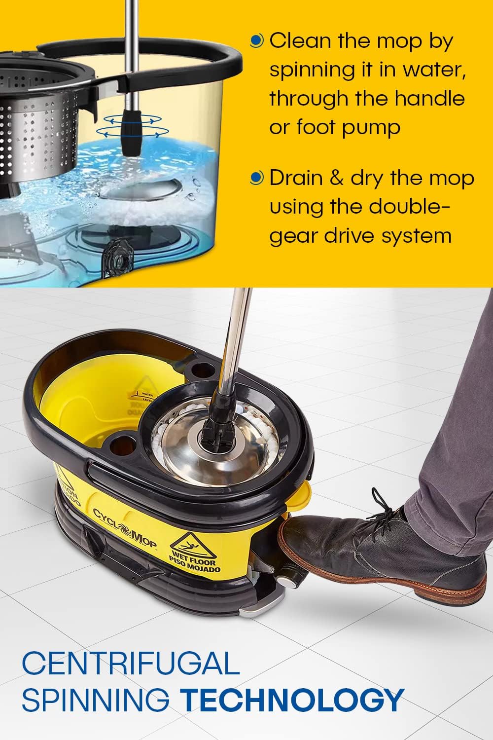 CycloMop® Commercial Spinning Spin Mop with Dolly Wheels - Heavy Duty Design for Years of Use