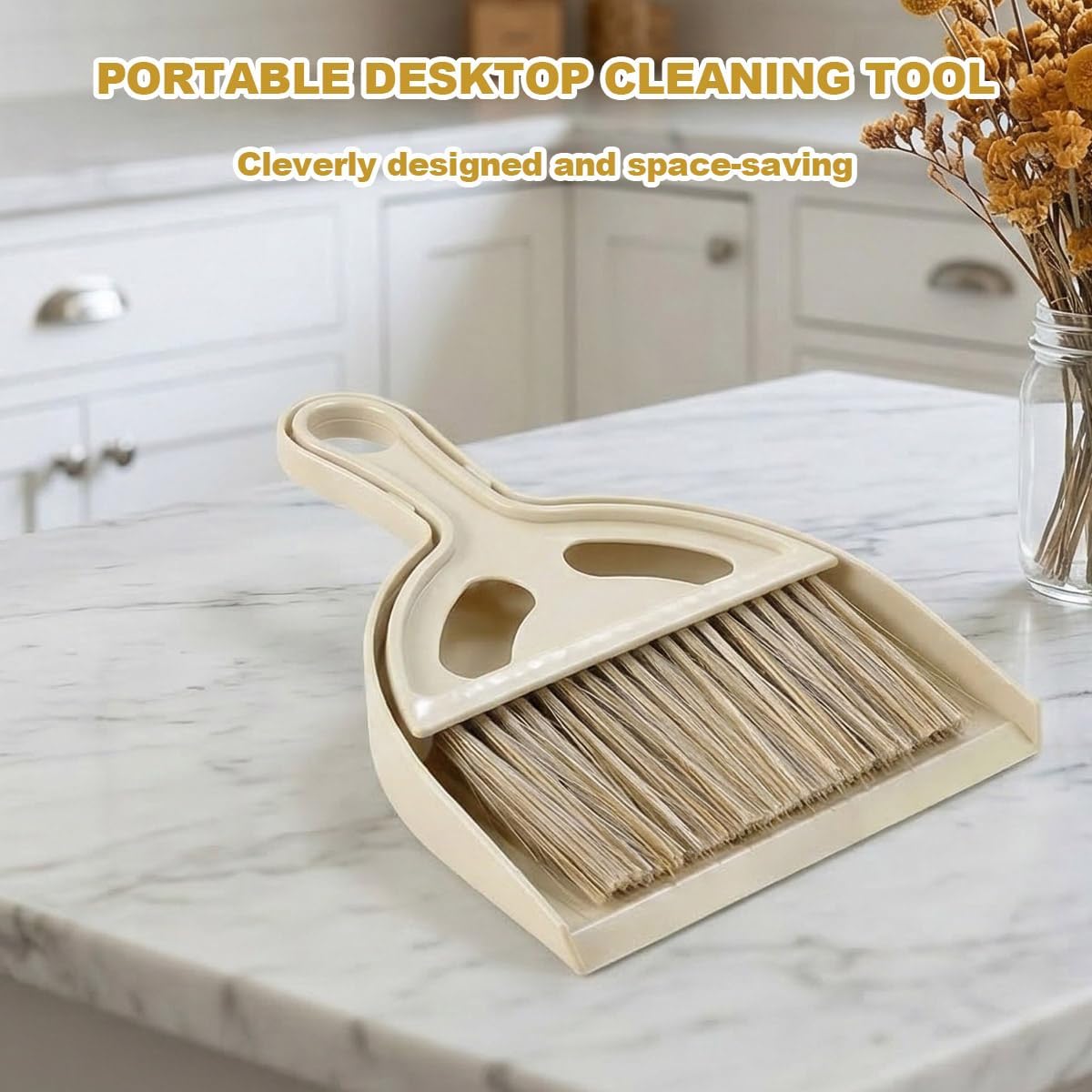 Mini Broom and Dustpan Set - Compact Small Hand Broom with Soft Bristles, Portable Desktop Cleaning Tool for Kitchen Counter, Desk, Drawer, Pet Litter & Car Interior (Off-White)