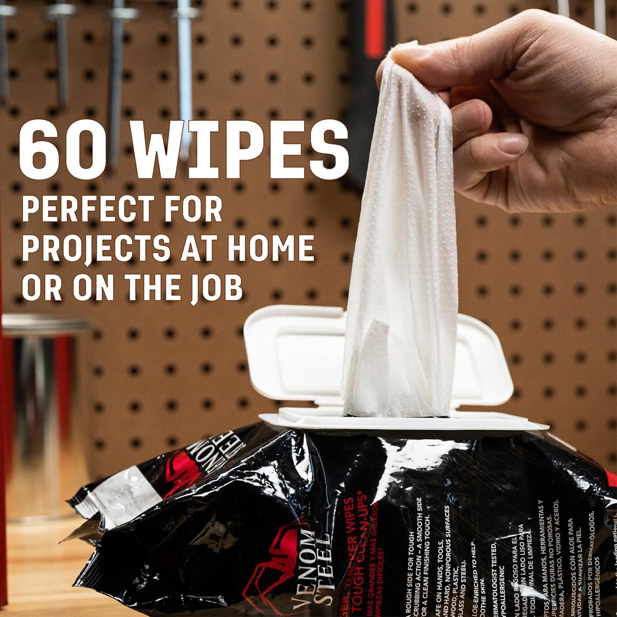 Venom Steel Workshop Wipes with Scrubbing Beads, for Grease, Grime, Oil, Paint and Caulk, Safe on Hands, Tools, and Non Porous Surfaces, Light Citrus Scent, 8" x 12" Cloths, 60 Wipes