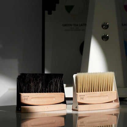 Coffee Brush and Dust Pan Set - Mini Hand Barista Broom, Magnetic Natural Horsehair Espresso Brush, Wood Barista Tools for Cleaning Tamping Station, Coffee Bar, Kitchen, Black