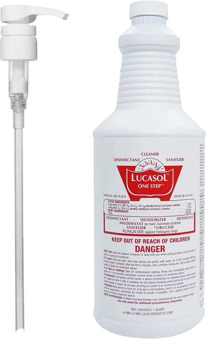 Lucasol One Step Disinfectant, 32 Fl Oz Disinfectant & 24 Oz Empty Refillable Spray Bottle Combo. Multi Purpose Cleaner Spray For Hospitals, Schools, Salons, Household Cleaning And More