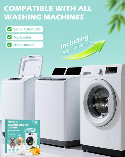 Washing Machine Cleaner Tablets: 24 Pack Deep Cleaning For HE, Front Loader & Top Load Washer, Removes Pet Hair, Odors, Formulated for Pet Owners, Septic Safe, 12 Month Supply, 11G