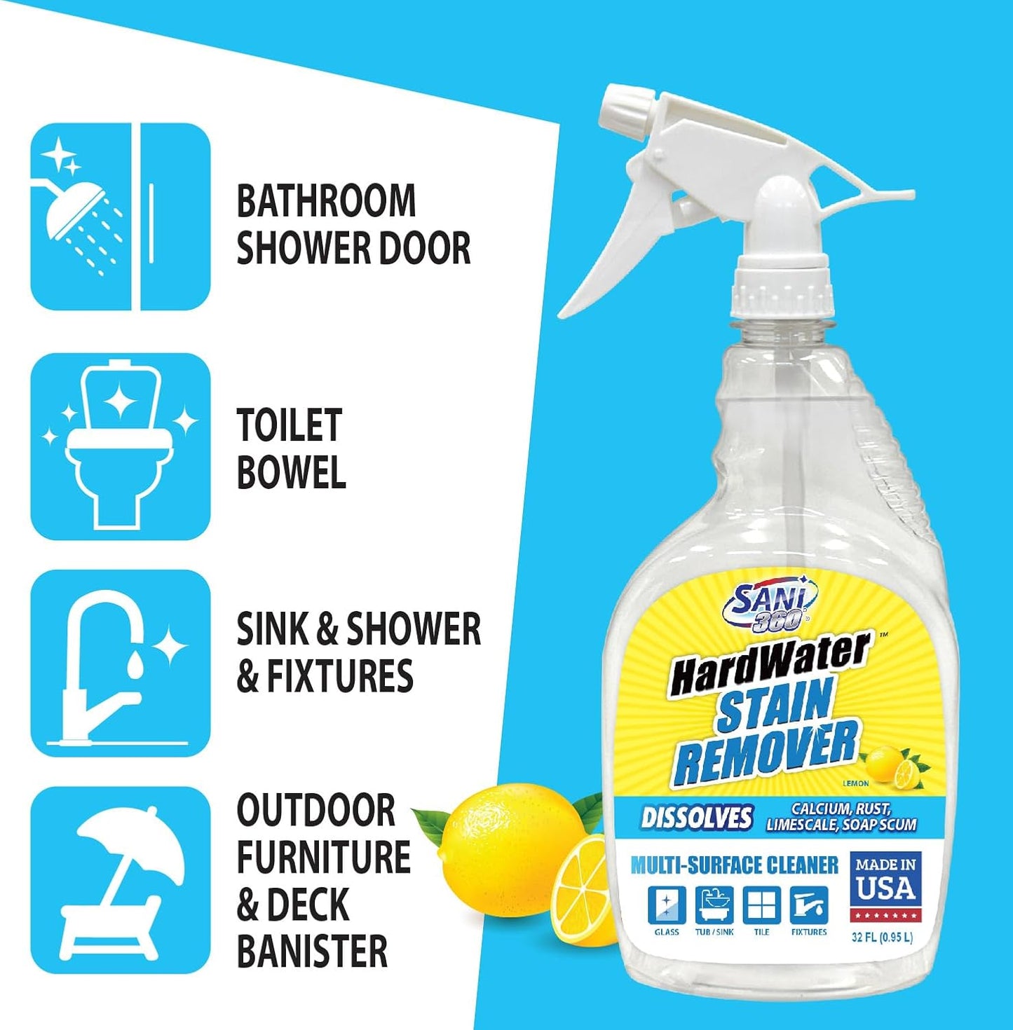 SANI 360° Hard Water Stain Cleaner (32 oz) 60 second multi-surface sealant and cleaner. Reduces buildup, calcium, limescale, rust, and soap scum. Lemon scent MADE IN USA