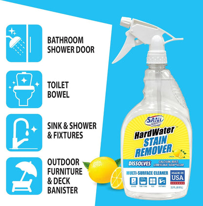 SANI 360° Hard Water Stain Cleaner (32 oz) 60 second multi-surface sealant and cleaner. Reduces buildup, calcium, limescale, rust, and soap scum. Lemon scent MADE IN USA