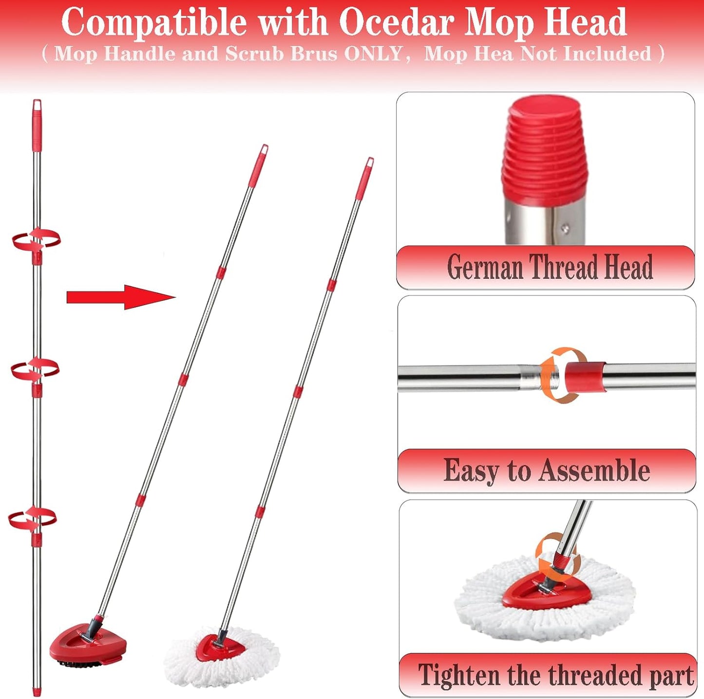 Spin Mop Replacement Head Mop Replace Head Compatible with O Cedar EasyWring Spin Mop - 4 O-Ceda Mop Refills、30-58in Mop Handle and 1 Mop Base and 1 Mop Base Scrub Brush Combo Set