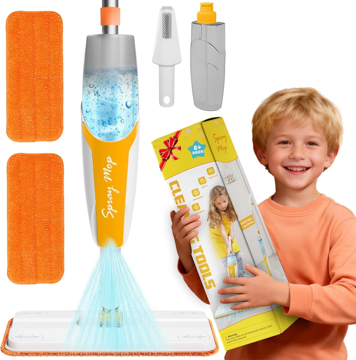 Kids Spray Mop Toy with 420ML Refillable Water Bottle, Montessori Toddler Cleaning Set for Real Floor Cleaning, Pretend Play Toy Housekeeping Kit with 2 Washable Microfiber Pads and Scraper, Orange
