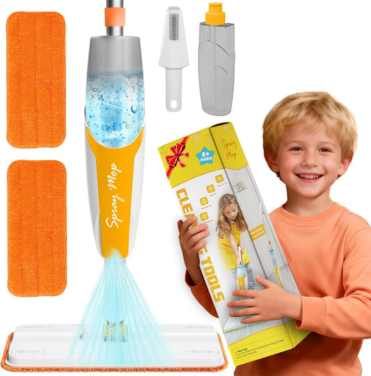 Kids Spray Mop Toy with 420ML Refillable Water Bottle, Montessori Toddler Cleaning Set for Real Floor Cleaning, Pretend Play Toy Housekeeping Kit with 2 Washable Microfiber Pads and Scraper, Orange