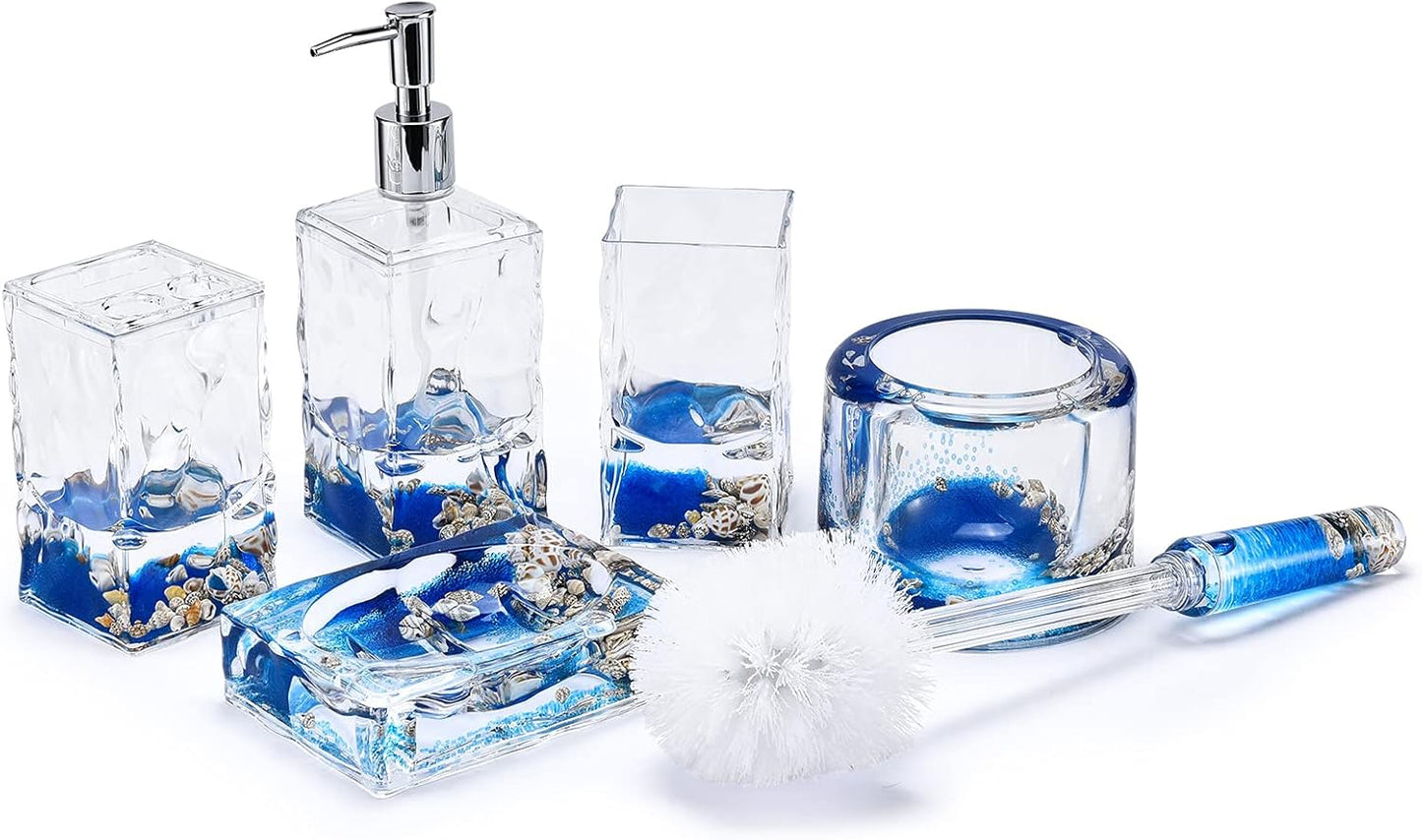 Locco Decor 5 Piece Acrylic Liquid 4D Floating Motion Bathroom Vanity Accessory Set Garden Botanic Green Plants Toothbrush Holder, Tumbler, Soap Dispenser, Soap Dish, Toiletbrush Holder Set