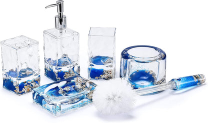 Locco Decor 5 Piece Acrylic Liquid 4D Floating Motion Bathroom Vanity Accessory Set Garden Botanic Green Plants Toothbrush Holder, Tumbler, Soap Dispenser, Soap Dish, Toiletbrush Holder Set